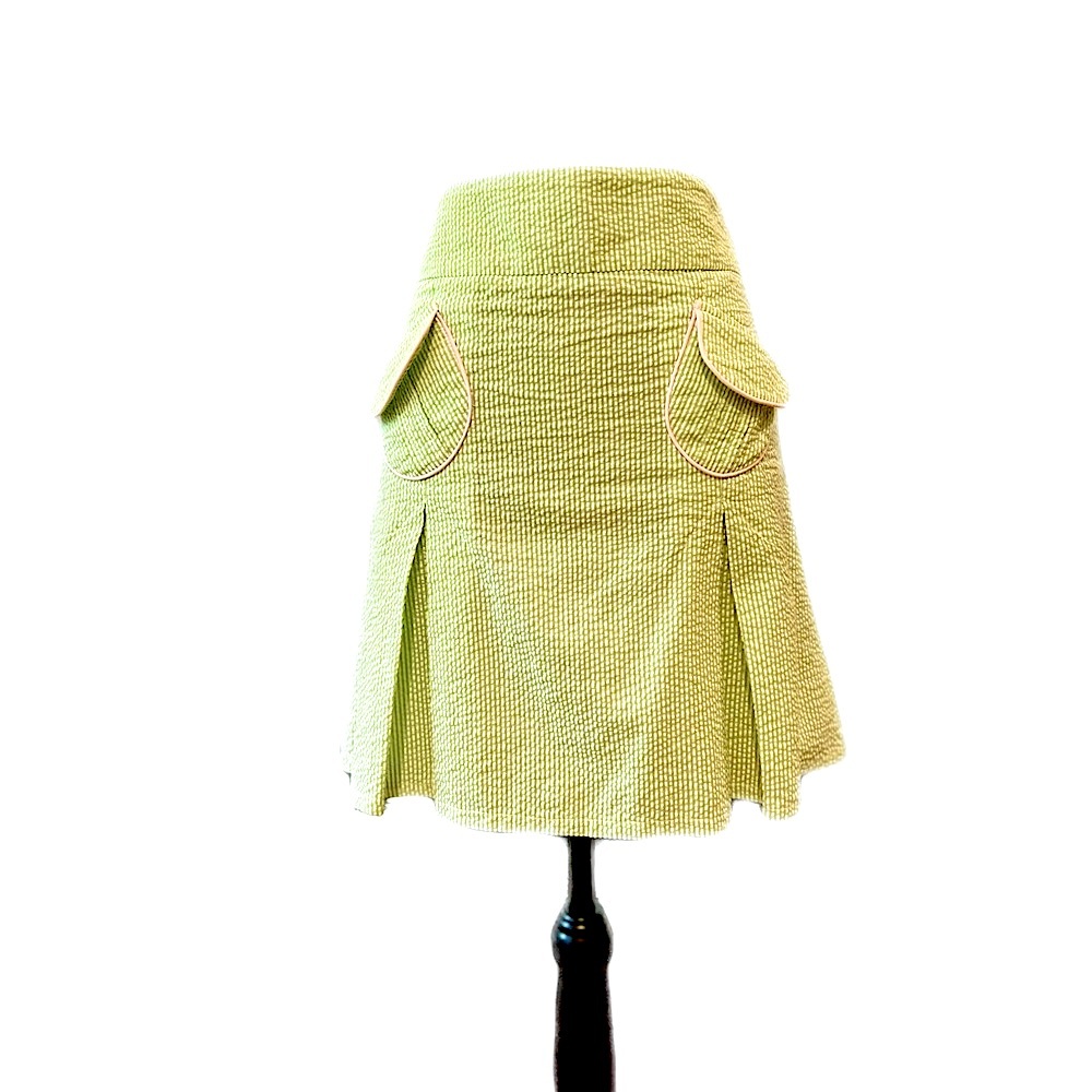 Love-Life by Felice Pappas Green Seersucker A-Line Mini Skirt w/Pink Piping sz 6